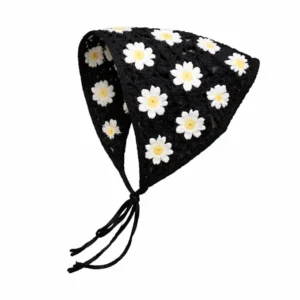 Black Handmade Crochet Daisy Bandana – Floral Knit Head Scarf | Boho Hair Accessory for Women