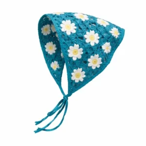 Turquoise Blue Crochet Floral Triangle Scarf