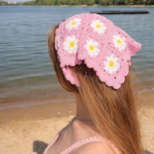 Handmade Pink Crochet Daisy Bandana