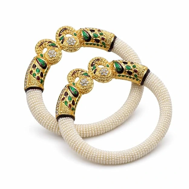 White Beaded Peacock Kada Bangles