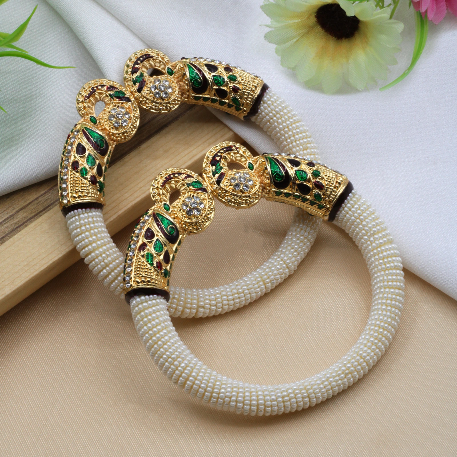white beaded peacock kada bangles