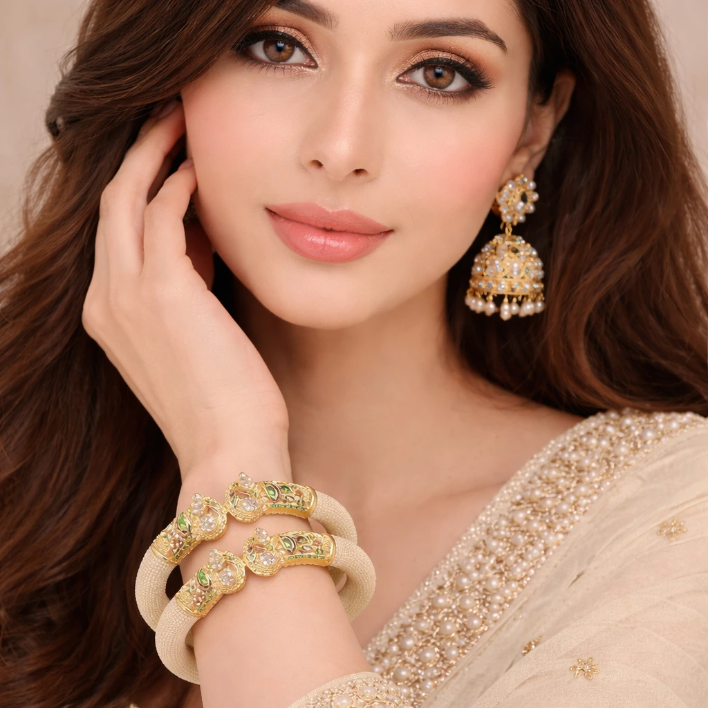 white beaded peacock kada bangles