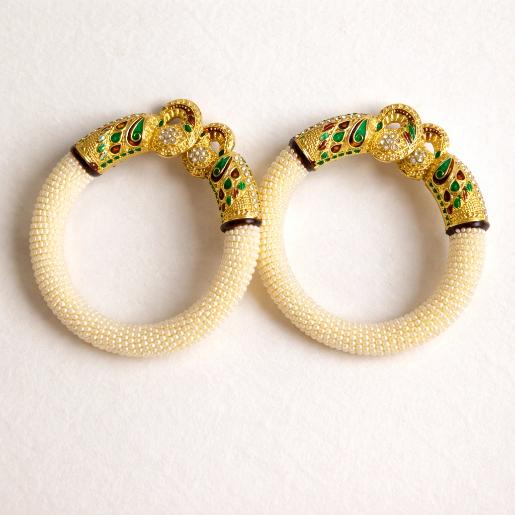 Royal White Beaded Peacock Kada Bangles – Traditional Kundan & Green Stone Bridal Bangles for Women - Image 4
