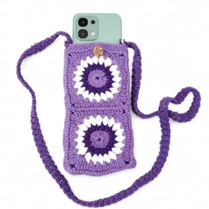 Crochet Sling Bag with Long Strap Floral Granny Square Cotton Yarn Purple